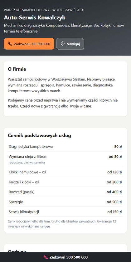 Przykładowa wizytówka: warsztat samochodowy